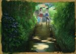  2girls akagi_(kantai_collection) bamboo black_hair black_legwear border brown_hair commentary dark flower hakama_skirt hand_up house kaga_(kantai_collection) kantai_collection long_hair looking_down looking_to_the_side multiple_girls open_mouth paint_(medium) path plant puddle ripples road scenery shijukara_(great_tit) side_ponytail smile standing standing_on_one_leg tasuki thigh-highs traditional_media umbrella walking water watercolor_(medium) white_legwear zettai_ryouiki zouri 