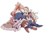  1boy 1girl armor barefoot blush brown_hair cape closed_eyes couple fire_emblem fire_emblem_if gloves hair_between_eyes hairband happy long_hair my_unit_(fire_emblem_if) open_mouth pointy_ears ponytail remi_(remipote) silver_hair smile takumi_(fire_emblem_if) 