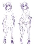  1girl bare_shoulders blush buttons closed_mouth collarbone contemporary eyebrows eyebrows_visible_through_hair full_body hairband jacket_off_shoulders konpaku_youmu lineart miniskirt monochrome multiple_views navel nori_tamago shirt shoes short_hair short_shorts shorts simple_background sketch skirt sleeveless smile sneakers standing stomach t-shirt tank_top tareme thigh-highs touhou upper_body 