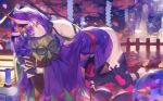  1girl alcohol armor bare_shoulders bent_over bottle bridal_gauntlets cherry_blossoms closed_mouth eyebrows eyebrows_visible_through_hair eyelashes fate/grand_order fate_(series) gourd hair_ornament horns hug hyaku_nori japanese_clothes jewelry kimono kneeling lantern long_sleeves looking_at_viewer motion_blur off_shoulder oni oni_horns petals purple_hair railing rock sash shide short_eyebrows shuten_douji_(fate/grand_order) smile solo thigh-highs tree vase violet_eyes wide_sleeves wooden_floor 