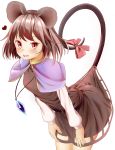 1girl absurdres animal_ears belt bent_over blush capelet dress grey_hair heart highres jewelry long_sleeves mouse_ears mouse_tail moyashi_baasuto nazrin necklace open_mouth red_eyes ribbon short_hair simple_background smile solo tail tail_raised tail_ribbon touhou white_background