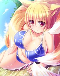  1girl animal_ears beach bikini blonde_hair blue_bikini blue_sky breasts clouds collarbone fox_ears fox_tail highres large_breasts liya looking_at_viewer lying multiple_tails on_side partially_submerged red_eyes sky solo swimsuit tail touhou water yakumo_ran 