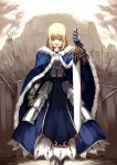  1girl armor armored_dress army blonde_hair blue_dress cape dress excalibur fate/stay_night fate_(series) fur_trim green_eyes knight lance layered_dress looking_at_viewer metal_gloves polearm saber shield sword trident weapon zen_o 