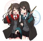  2girls ;d arm_holding blush brown_hair cosplay earrings green_eyes harry_potter hogwarts_uniform idolmaster idolmaster_cinderella_girls iwashi_(ankh) jewelry long_hair multiple_girls necktie one_eye_closed open_mouth school_uniform shibuya_rin shimamura_uzuki side_ponytail skirt smile sweater wand 