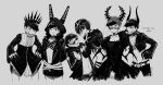  6+boys :d ;3 armor arms_behind_back back bangs bekt beltskirt black_dress black_gold_saw black_gold_saw_(cosplay) black_rock_shooter black_rock_shooter_(character) black_rock_shooter_(cosplay) blush bowl_cut brothers center_frills chariot_(black_rock_shooter) chariot_(black_rock_shooter)_(cosplay) choker claws clenched_teeth closed_mouth clothes_grab collar copyright_name cosplay cowboy_shot crop_top cropped_jacket cross crossdressinging crown dead_master dead_master_(cosplay) dress dress_lift embarrassed eye_contact frown glasses greyscale groin hand_on_hip hood horns insane_black_rock_shooter insane_black_rock_shooter_(cosplay) jacket legs_apart long_sleeves looking_at_another looking_at_viewer looking_down male_focus matsuno_choromatsu matsuno_ichimatsu matsuno_juushimatsu matsuno_karamatsu matsuno_osomatsu matsuno_todomatsu meoon midriff monochrome multiple_boys nafhe nafhe_(cosplay) navel open_clothes open_jacket open_mouth osomatsu-kun osomatsu-san palms profile scared semi-rimless_glasses sextuplets shade shaded_face sharp_teeth short_shorts shorts siblings sketch smile star star_print stomach sunglasses tears teeth track_jacket twitter_username under-rim_glasses v_arms veil wiping_nose zipper 