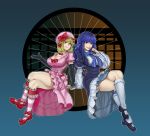  2girls alternate_breast_size blonde_hair blue_hair bow breasts cleavage crossed_legs elbow_gloves frederica_bernkastel gloves grin hat highres lambdadelta large_breasts legs long_hair looking_at_viewer multiple_girls short_hair smile the_golden_smurf thighs umineko_no_naku_koro_ni violet_eyes witch 