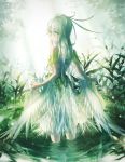 1girl backlighting bow commentary domik dress fantasy feathers from_behind grass lens_flare light light_particles long_hair looking_at_viewer looking_back original pale_skin plant pond skirt_hold solo wading white_dress white_hair wings yellow_eyes 