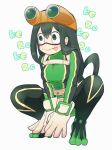  1girl asui_tsuyu black_eyes black_hair bodysuit boku_no_hero_academia breasts full_body gloves goggles goggles_on_head hair_rings long_hair nemui_8 solo squatting tongue tongue_out white_gloves 