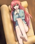  1girl akashi_(kantai_collection) bad_feet barefoot blush breasts cellphone commentary_request couch green_eyes kantai_collection kurotora long_hair long_sleeves looking_at_viewer lying no_pants on_couch open_mouth phone pink_hair smartphone solo 