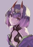  1girl bare_shoulders eyebrows eyebrows_visible_through_hair fang_out fate/grand_order fate_(series) highres horns japanese_clothes kimono looking_at_viewer oni open_clothes open_kimono pokimari purple_background purple_hair revealing_clothes short_hair shuten_douji_(fate/grand_order) simple_background small_breasts smile solo violet_eyes 
