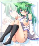  1girl animal_ears arm_support bare_shoulders black_legwear blue_eyes blush breasts cat_ears cat_hair_ornament commentary_request detached_sleeves frog_hair_ornament green_hair hair_ornament hair_tubes highres japanese_clothes kemonomimi_mode knees_up kochiya_sanae large_breasts liya long_hair long_sleeves looking_at_viewer miko no_bra one_eye_closed sideboob sitting snake_hair_ornament socks solo touhou wide_sleeves zoom_layer 