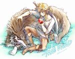  1boy apple blonde_hair blue_eyes copyright_name crossover dual_persona eating food fruit full_body grass grin link link_(wolf) nintendo pointy_ears scabbard sheath shield sitting smile sword tak_(karasuki) the_legend_of_zelda the_legend_of_zelda:_breath_of_the_wild the_legend_of_zelda:_twilight_princess weapon wolf 