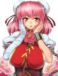  1girl bandaged_arm blush breasts bun_cover chain cuffs double_bun flower hair_ribbon hands_on_own_face ibaraki_kasen large_breasts looking_at_viewer pink_hair puffy_short_sleeves puffy_sleeves red_eyes red_rose ribbon rose short_sleeves simple_background solo tabard touhou umigarasu_(kitsune1963) upper_body white_background 