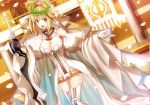  1girl :d ahoge blonde_hair blurry breasts chain cleavage column curtains depth_of_field detached_collar detached_sleeves dutch_angle fate/extra fate/extra_ccc fate/grand_order fate_(series) fuyuki_(neigedhiver) gloves green_eyes hair_ribbon head_wreath highres holding holding_sword holding_weapon lock open_mouth pillar puffy_sleeves railing ribbon saber_bride saber_extra short_hair smile solo sword thigh-highs veil weapon white_gloves white_legwear white_ribbon wide_sleeves zipper 