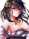  1girl bare_shoulders black_hair breasts clothes_down collarbone floating_hair from_side hair_ornament japanese_clothes kantai_collection large_breasts looking_at_viewer nontraditional_miko red_eyes serious short_hair sideboob tmsksa upper_body yamashiro_(kantai_collection) 