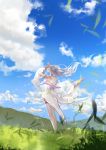  1girl arm_up back bare_shoulders blue_sky clouds detached_sleeves eddy_huang_zheng emilia_(re:zero) highres landscape long_hair long_sleeves re:zero_kara_hajimeru_isekai_seikatsu silver_hair skirt sky solo standing tailcoat thigh-highs thighs very_long_hair white_legwear wide_sleeves wind zettai_ryouiki 