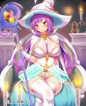  1girl blush breasts candle candlestand cape cleavage elbow_gloves fingerless_gloves gloves hat highleg highleg_leotard kawase_seiki large_breasts leotard long_hair looking_at_viewer navel navel_cutout official_art original purple_hair red_eyes showgirl_skirt sitting skin_tight smile solo staff thigh-highs thighs very_long_hair white_gloves white_legwear witch_hat 