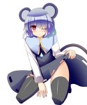  1girl ;o animal_ears ass_visible_through_thighs black_dress black_legwear blue_hair blush capelet commentary_request dress dress_lift highres jewelry kneeling liya long_sleeves looking_at_viewer mouse_ears mouse_tail nazrin one_eye_closed pendant puffy_long_sleeves puffy_sleeves red_eyes solo tail thigh-highs touhou white_background 