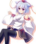  1girl animal_ears bare_shoulders black_legwear black_skirt blush breasts commentary_request detached_sleeves hat inubashiri_momiji liya long_sleeves pom_pom_(clothes) red_eyes short_hair silver_hair skirt smile solo thigh-highs tokin_hat touhou wide_sleeves wolf_ears 