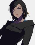  1girl bangs black_hair black_sweater braid casual closed_mouth collarbone dark_skin ear_studs earrings eye_of_horus eyelashes facial_mark facial_tattoo jewelry long_sleeves off-shoulder_sweater overwatch pharah_(overwatch) short_hair signature simple_background solo sweater swept_bangs tattoo upper_body white_background 