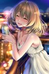  1girl :d ^_^ asahi_(beer) balcony beer_can blurry blush bokeh bracelet breasts brown_hair city_lights cleavage closed_eyes cowboy_shot depth_of_field dress evening eyebrows eyebrows_visible_through_hair from_side highres horizon idolmaster idolmaster_cinderella_girls jewelry leaning leaning_against_railing mole mole_under_eye necklace open_mouth outdoors piromizu short_hair smile solo takagaki_kaede white_dress 