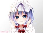  1girl blue_eyes braid chitose_(usacan) close-up eyes_visible_through_hair face gradient gradient_background hair_between_eyes hands_on_own_cheeks hands_on_own_face izayoi_sakuya long_sleeves looking_at_viewer maid_headdress red_ribbon ribbon short_hair silver_background silver_hair smile touhou twin_braids white_background white_blouse 