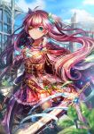  1girl black_gloves black_legwear blue_eyes breasts cleavage eyepatch gloves hair_ornament holding holding_sword holding_weapon long_hair looking_at_viewer original outdoors pink_hair pink_skirt rudia ruins skirt solo sword thigh-highs under_boob weapon 