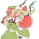  2girls beret black_bow black_bowtie blonde_hair blush bow bowtie braid closed_eyes commentary_request fang flandre_scarlet glomp green_hat green_skirt green_vest hair_ribbon hat hat_ribbon hong_meiling hug ini_(inunabe00) interlocked_fingers mob_cap multiple_girls one_eye_closed open_mouth outstretched_arms puffy_short_sleeves puffy_sleeves red_eyes red_ribbon red_skirt redhead ribbon short_sleeves side_ponytail simple_background skirt skirt_set smile star star_pin touhou tress_ribbon twin_braids white_background white_hat wings 