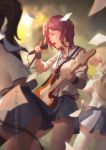  angel_beats! artist_name bangs blonde_hair breasts brown_hair commentary_request guitar highres hisako_(angel_beats!) instrument iwasawa long_hair ponytail red_eyes redhead regition school_uniform sekine serafuku short_hair sleeves_rolled_up thigh-highs 