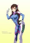  1girl bodysuit breasts brown_eyes brown_hair d.va_(overwatch) facial_mark hand_on_hip headphones highres lips long_hair open_mouth overwatch pilot_suit smile solo v whisker_markings wujia_xiaozi 
