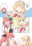  2girls alice_margatroid arnest bat_wings bespectacled blonde_hair blue_eyes blush capelet cleaning_glasses closed_eyes comic demon_wings glasses hairband head_wings koakuma multiple_girls necktie red_eyes red_necktie redhead semi-rimless_glasses smile touhou translation_request wings 
