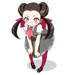  1girl blush breasts brown_hair dress gym_leader hair_slicked_back long_hair pantyhose pink_legwear pokemon pokemon_(game) pokemon_oras red_eyes solo tsutsuji_(pokemon) twintails 