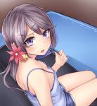  1girl akebono_(kantai_collection) alternate_costume bangs bell blush couch downblouse eyebrows eyebrows_visible_through_hair fan flower hair_bell hair_flower hair_ornament hairclip highres jingle_bell kantai_collection long_hair looking_at_viewer neit_ni_sei no_bra paper_fan purple_hair rug short_shorts shorts side_ponytail sitting sleeveless small_breasts solo spaghetti_strap sweat tsurime violet_eyes 