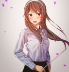  1girl alternate_costume ashigara_(kantai_collection) black_skirt blurry blush brown_hair commentary_request fang hairband highres kantai_collection kitazawa_(embers) long_hair long_sleeves open_mouth petals pointer red_eyes shirt skirt smile solo teacher tree_swing_cartoon white_shirt wind 