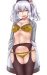  1girl :d beret bra breasts cleavage commentary_request female_pervert grey_eyes hat ishii_hisao kantai_collection kashima_(kantai_collection) long_hair looking_at_viewer navel open_mouth panties pervert silver_hair simple_background smile solo twintails underwear undressing white_background yellow_bra yellow_panties 