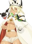  1girl :p beltbra blonde_hair breasts cape cleavage colored_eyelashes cowboy_shot dark_skin esuto expressionless groin guilty_gear guilty_gear_xrd hat highres long_hair looking_at_viewer navel orange_eyes ramlethal_valentine short_shorts shorts tongue tongue_out under_boob white_cape 