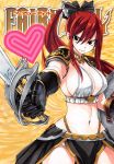  1girl armor breasts brown_eyes copyright_name earrings erza_scarlet fairy_tail gauntlets hair_ribbon highres jewelry long_hair looking_at_viewer mashima_hiro official_art ponytail redhead ribbon shield smile solo sword weapon 