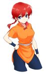  1girl blue_eyes braid chimachi chinese_clothes cowboy_shot genderswap genderswap_(mtf) highres long_hair ranma-chan ranma_1/2 redhead saotome_ranma short_sleeves single_braid solo tangzhuang 