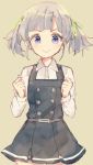  &gt;:&gt; 1girl belt clenched_hand cowboy_shot hair_ribbon jumper kantai_collection komachi_narota looking_at_viewer ooshio_(kantai_collection) purple_hair ribbon short_hair short_twintails sketch solo twintails violet_eyes 