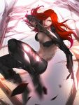  1girl a-line belt black_boots black_bra black_jacket black_pants blurry boots bra breasts cropped_jacket debris depth_of_field dual_wielding floating_hair glint gloves highres holding holding_sword holding_weapon jacket katarina_du_couteau large_breasts league_of_legends lens_flare long_hair looking_at_viewer midriff motion_blur navel outstretched_arm pants red_lips redhead ribs scar scar_across_eye shade short_sword smile solo stomach sword thigh_strap underwear weapon yellow_eyes 