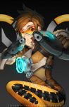  1girl artist_name bangs bodysuit bomber_jacket brown_eyes brown_gloves brown_hair brown_jacket character_name clothes_writing cross-laced_clothes dual_wielding ear_piercing fur_trim gloves goggles gun handgun harness holding holding_gun holding_weapon jacket leather leather_jacket one_eye_closed overwatch pants piercing pistol pokey short_hair short_sleeves sleeves_rolled_up solo spiky_hair swept_bangs thighs tight tight_pants tracer_(overwatch) vambraces watermark weapon 