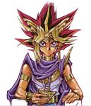  &gt;:) 1boy armlet atem black_hair blonde_hair bracelet cape chain dark_skin earrings forehead_protector jewelry looking_at_viewer millennium_puzzle multicolored_hair redhead sleeveless smile solo spiky_hair takahashi_kazuki tsurime upper_body violet_eyes white_background yuu-gi-ou yuu-gi-ou_duel_monsters 