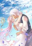  1boy 1girl ahoge alphen_(tales) blue_sky closed_eyes clouds dress falling_petals floating_hair hanasakuraya head_wreath highres hug kiss long_hair outdoors petals shionne_(tales) short_hair signature sky tales_of_(series) tales_of_arise white_dress white_hair 