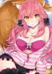  1girl animal_ears bare_shoulders black_legwear bow bow_bra bra breasts caster_(fate/extra) cleavage collarbone fate/extra fate_(series) fox_ears fox_tail highres jewelry kou_mashiro large_breasts long_hair long_sleeves looking_at_viewer pendant pink_bra pink_hair scrunchie sidelocks sitting solo striped tail twintails underwear unzipped yellow_eyes zipper 