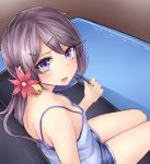  1girl absurdres akebono_(kantai_collection) alternate_costume bangs bell blush couch downblouse eyebrows eyebrows_visible_through_hair fan flower hair_bell hair_flower hair_ornament hairclip highres jingle_bell kantai_collection long_hair looking_at_viewer neit_ni_sei no_bra paper_fan purple_hair rug short_shorts shorts side_ponytail sitting sleeveless small_breasts solo spaghetti_strap sweat tsurime violet_eyes 