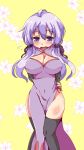 1girl black_legwear breasts china_dress chinese_clothes cleavage commentary_request dress flying_sweatdrops hair_ornament highres large_breasts long_hair low_twintails open_mouth pelvic_curtain purple_dress purple_hair short_hair_with_long_locks solo suzu_nagi thigh-highs twintails violet_eyes voiceroid wavy_mouth yuzuki_yukari 