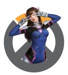  1girl ;) bangs bodysuit brown_eyes brown_hair covered_navel d.va_(overwatch) double_v facial_mark headphones highres long_hair looking_at_viewer one_eye_closed overwatch parted_lips pilot_suit realistic smile solo swept_bangs trix_(walpurgis999) upper_body v whisker_markings 