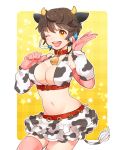  1girl ;d animal_ears bell bikini_top breasts brown_hair cleavage collar cow_bell cow_ears cow_horns cow_print cow_tail elbow_gloves frilled_skirt frills gloves headset horns idolmaster idolmaster_cinderella_girls large_breasts miniskirt nemui_8 oikawa_shizuku one_eye_closed open_mouth pink_gloves round_teeth short_hair skirt smile solo star starry_background tail teeth thigh-highs yellow_eyes zettai_ryouiki 