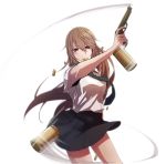  1girl armpit_peek brown_hair chinatsu_(jormungand) cross dalsem glint gun highres jormungand long_hair mouth_hold necktie pleated_skirt red_eyes shell_casing skirt solo swinging weapon 