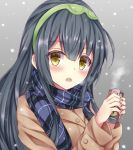  1girl :o bangs black_hair blush breasts breath buttons can coat eyebrows eyebrows_visible_through_hair grey_background hairband holding long_hair long_sleeves looking_at_viewer motion_blur plaid plaid_scarf product_placement scarf snowing solo tf_(tfx2) touhoku_zunko upper_body vocaloid voiceroid winter winter_clothes winter_coat yellow_eyes 